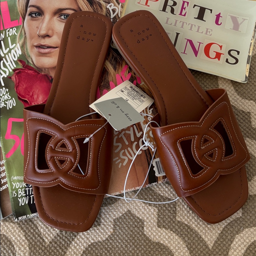 a new day cognac brown, slide sandals; size 7.5; NWT - Picture 2 of 5